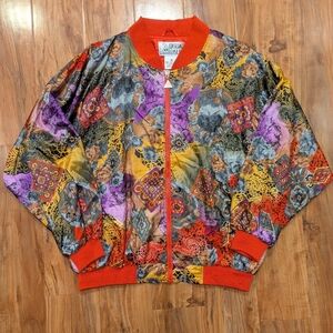 Vintage Casual Isle Bomber Jacket Print Full Zip‎ Women's Oversized Medium Red